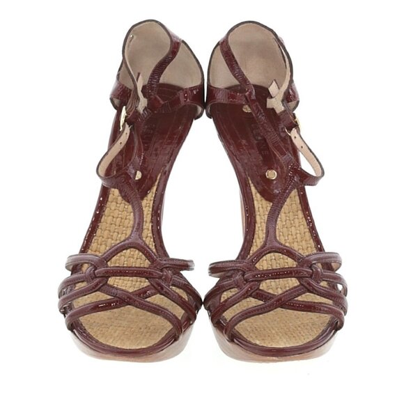 Celine 5” Platform Heels US 9 Patent Strappy Maroon Red 39 Rattan Footbed Luxury - Picture 3 of 8